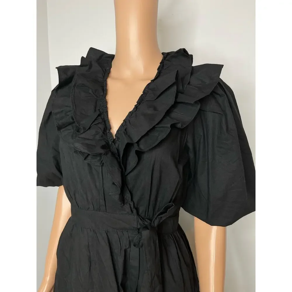 House of Harlow 1960 Ruffled cotton wrap mini dress black size S - Picture 7 of 11